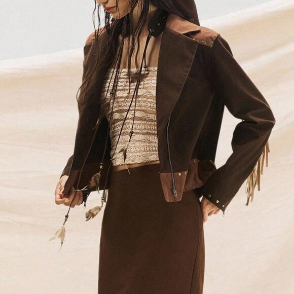Multicolor Boho Women's Suede Fringe Jacket with Nomadic Rivets Tassel - Picture 6 of 8